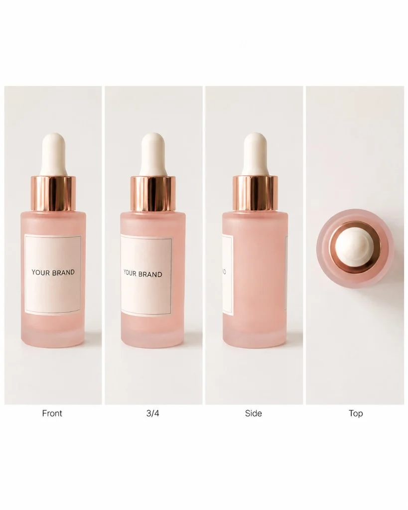 Front, three-quarter, side and top reference views of a generic skincare serum bottle