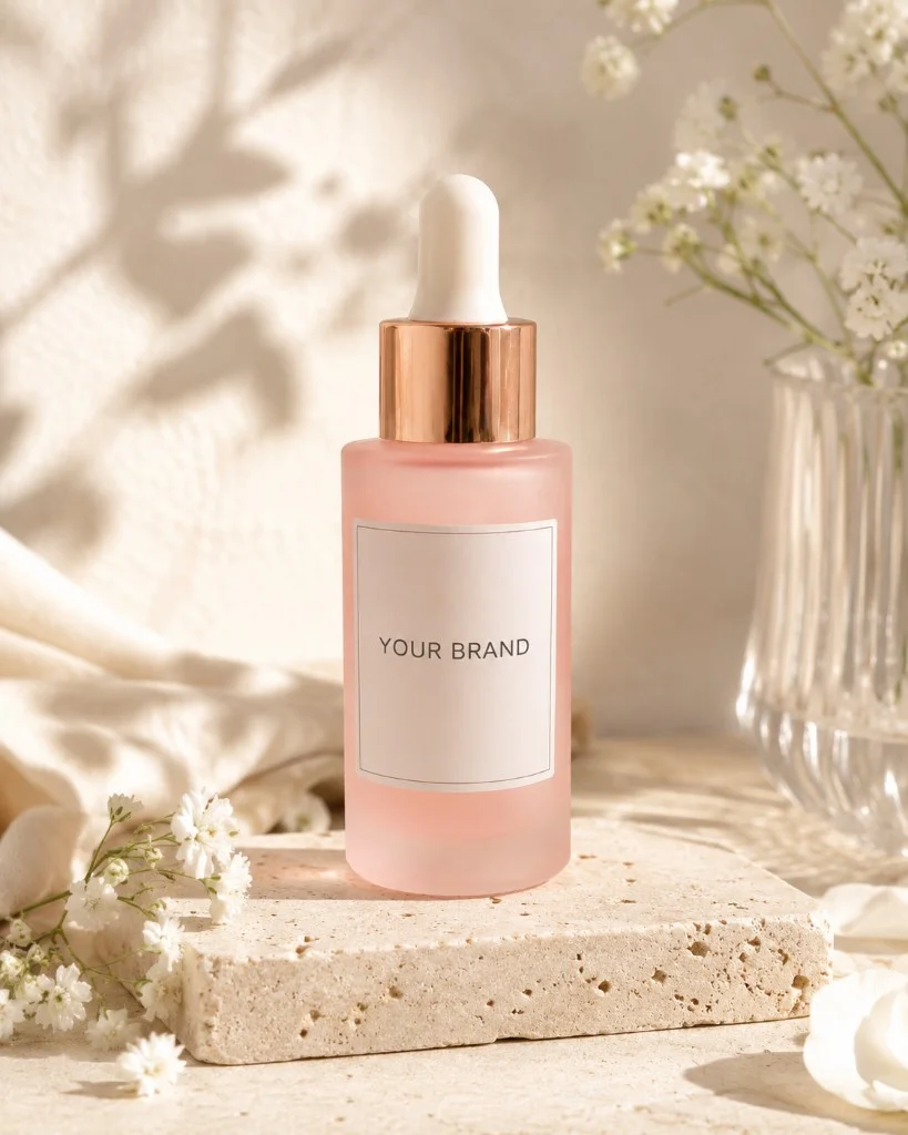 Styled AI product photograph of a generic skincare serum with warm light and flowers