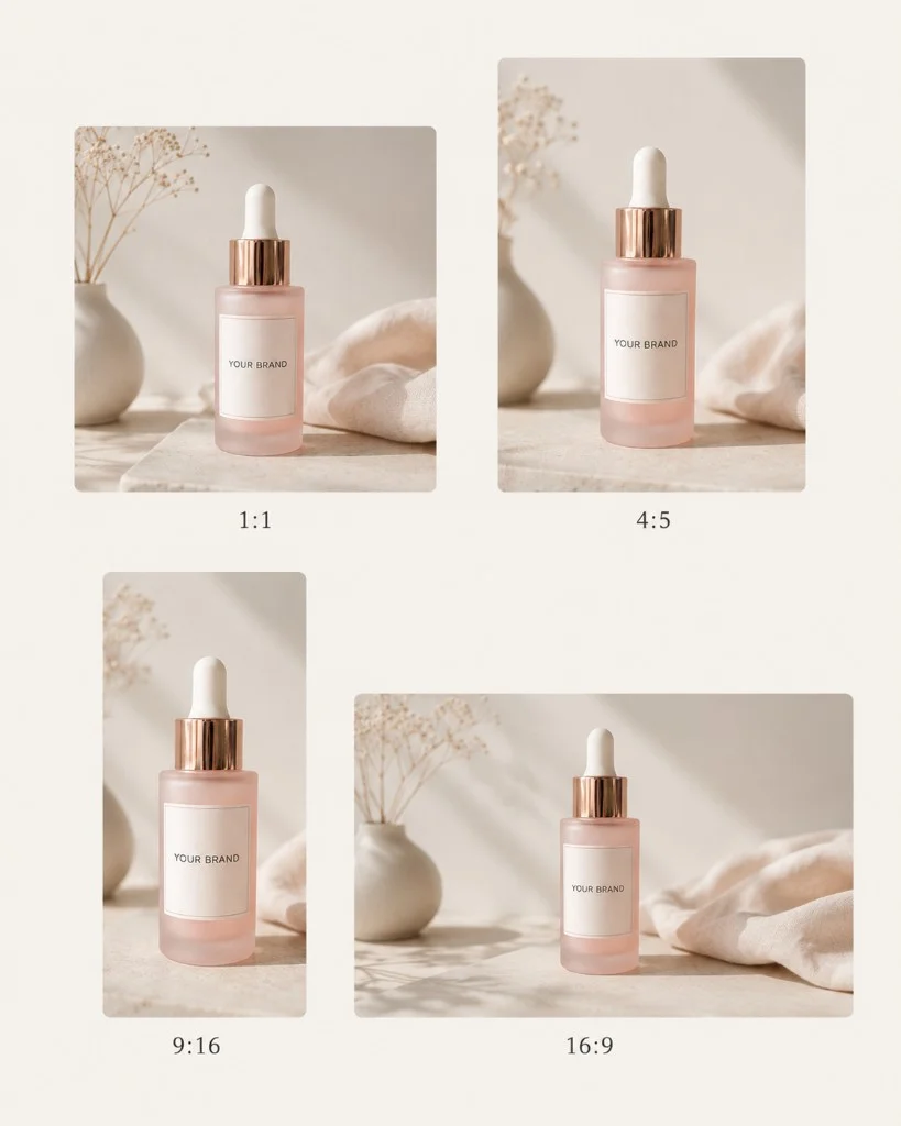 The same generic skincare product composed for square, portrait, story and landscape formats