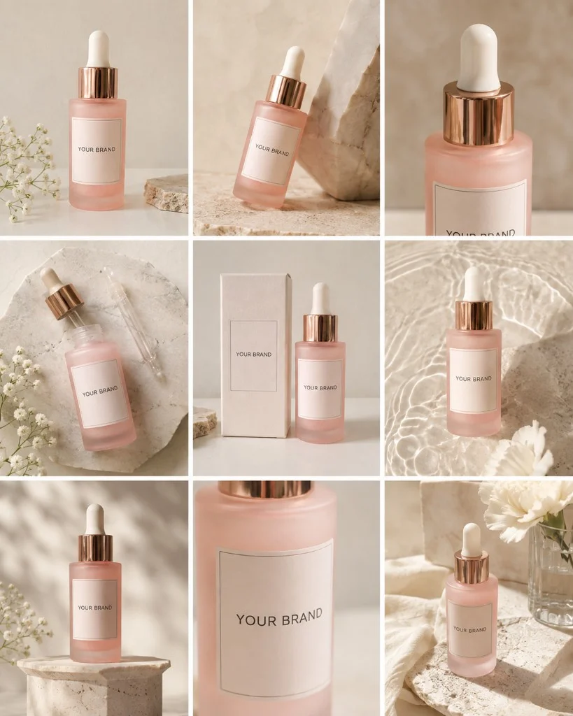 Nine coordinated AI skincare product photos featuring the same generic product in one visual style